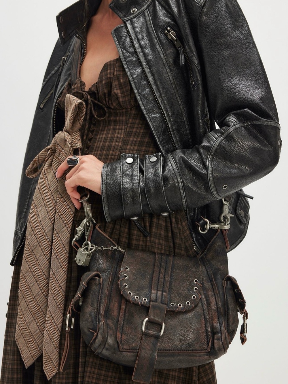 We The Free Free People Baby Leigh Distressed Purse Tote Bag Aged Graphite